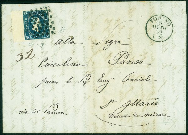 Antichi Stati Italiani - Sardegna - Lettera affrancata con 20 cent (2b)