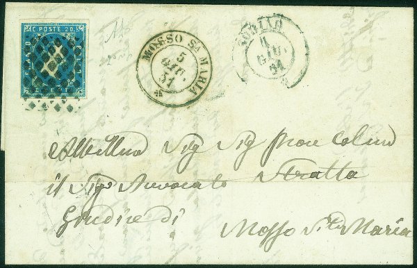 Antichi Stati Italiani - Sardegna - Muto a Rombi annullatore di 20 cent celeste scuro (2h) su lettera da Torino a Mosso S. Maria del 4.6.51