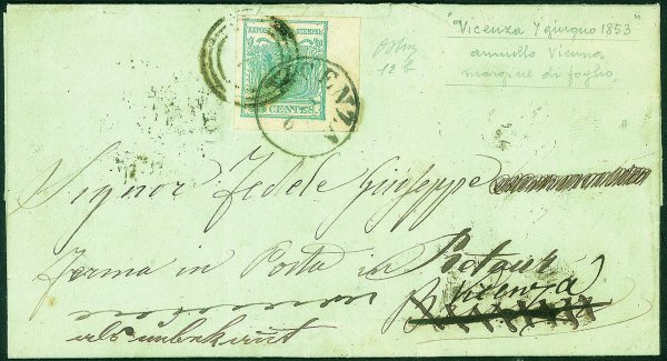 Antichi Stati Italiani - Lombardo Veneto - Bell'esemplare angolo di foglio del 45 cent (12b) su lettera da Vicenza a Vienna del 7.6.53 e rispedita a Vicenza per Fermo Posta e qui tassata il 12.6.53