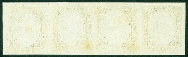 Antichi Stati Italiani - Sardegna - 1860 - Frammento con quattro prove della seconda tipologia di effige di Vitt. Em. II e stampa della cornice evanescente - senza gomma