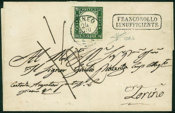 Antichi Stati Italiani - Sardegna - Bel 5 cent verde misto scuro (13Ab) isolato su lettera da Cuneo a Torino del 24.6.57 - tassata per 'Francobollo Insufficiente' di 15 cent