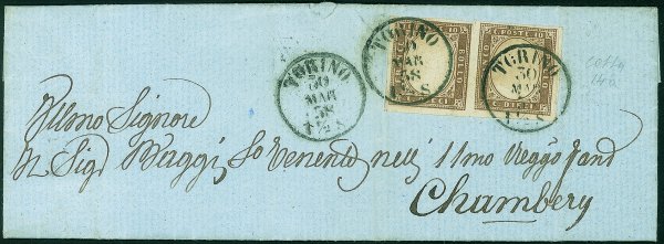 Antichi Stati Italiani - Sardegna - Coppia del 10 cent terra d'ombra chiaro (14a) su lettera da Torino a Chambery del 30.3.58