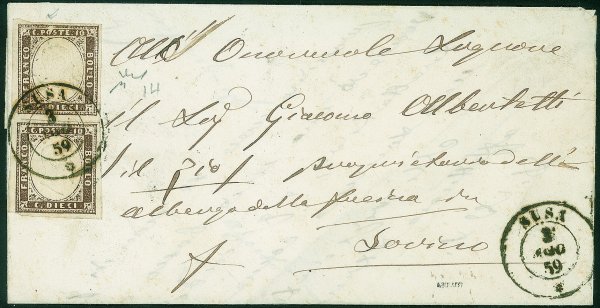 Antichi Stati Italiani - Sardegna - Lettera da SUSA 3 AGO.59 affrancata con coppia verticale c.10 bruno violaceo (14Ab cat.4000+)