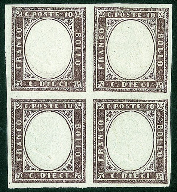 Antichi Stati Italiani - Sardegna - 1858 - Quartina del 10 cent bruno porpora (14Ac)