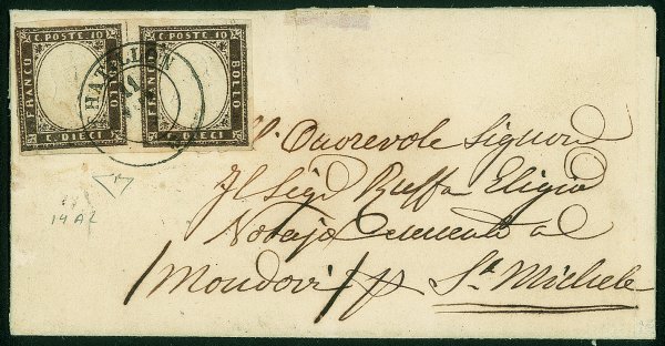 Antichi Stati Italiani - Sardegna - Coppia del 10 cent bruno cioccolato (14Af) su letterina da Chatillon a S. Michele del 11.11.59
