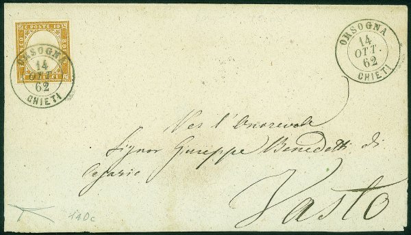 Antichi Stati Italiani - Sardegna - Frontespizio con parte del verso (con bolli di transito e arrivo) affrancato con 10 cent giallo olivastro (14Dc) da Orsogna a Vasto del 14.10.62