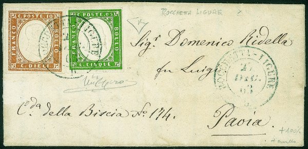 Antichi Stati Italiani - Sardegna - Splendida letterina affrancata con 5 cent + 10 cent (13Ea + 14E)