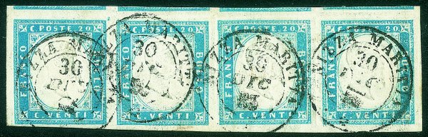 Antichi Stati Italiani - Sardegna - Striscia orizzontale di quattro del 20 cent celeste chiaro (15g) annullata Nizza Marittima 30.12.55