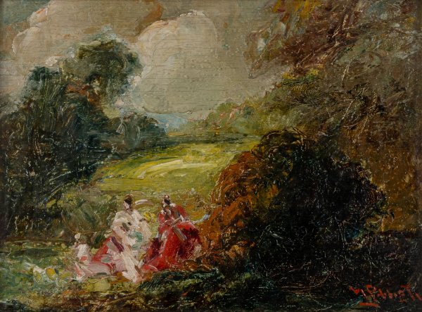 MARIO POBBIATI - Paesaggio con figure femminili