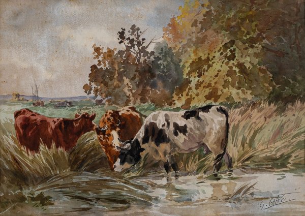 GEORGES CALVES - Mucche all'abbeveraggio
