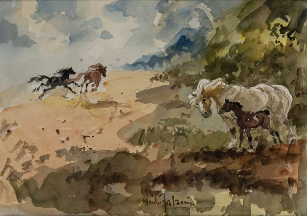 GIULIO FALZONI - Paesaggio con cavalli