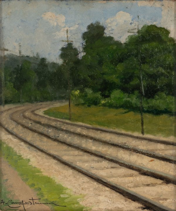 ERNESTO ALCIDE CAMPESTRINI - Paesaggio con ferrovia