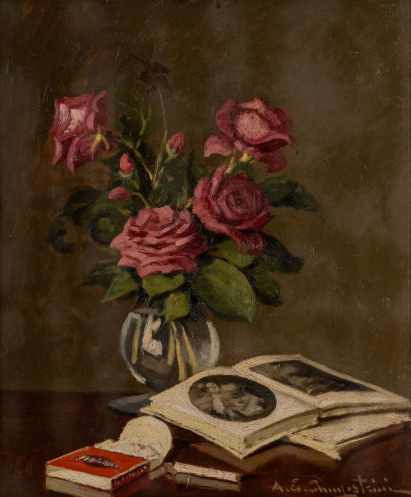 ERNESTO ALCIDE CAMPESTRINI - Natura morta con rose e libri