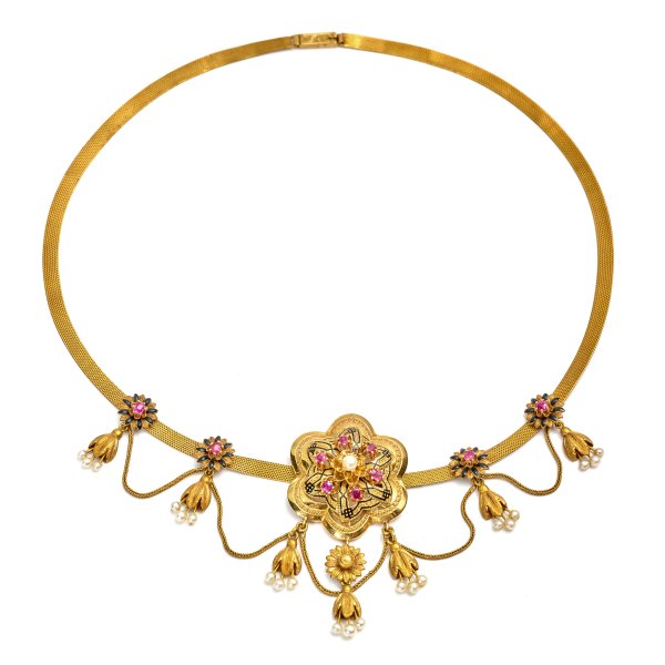 Collana antica con Rubini e Perle d'acqua dolce, fine '800.