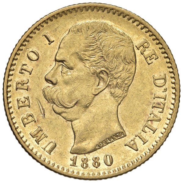 SAVOIA - Regno d'Italia - Umberto I, 1878 - 1900
20 Lire Stemma - 1880 - Gig. 10
Oro
graffietto nel campo al D/
SPL