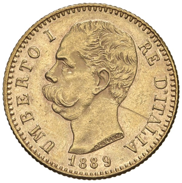 SAVOIA - Regno d'Italia - Umberto I, 1878 - 1900
20 Lire Stemma - 1889 - Gig. 18
Oro
Graffietto al D/
SPL/q.FDC - R