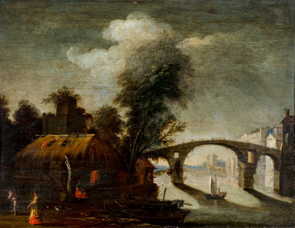 NAPOLETANO FILIPPO (ATTR.) - Scuola toscana del secolo XVII - Paesaggio fluviale con figure e imbarcazioni