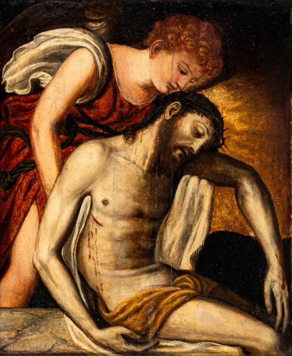 SCUOLA VENETA DEL SECOLO XVI - Scuola veneta del secolo XVI, ambito di Andrea Schiavone - Cristo sorretto dall'Angelo
