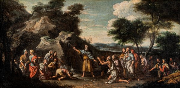 MANIERA DI SALVATOR ROSA - Scuola italiana del secolo XVII - Mosè fa scaturire l'acqua dalla roccia