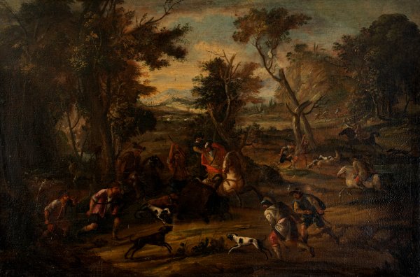 SCUOLA FIAMMINGA DEL SECOLO XVIII - Scuola nordica del secolo XVII - Scena di caccia entro paesaggio boscoso