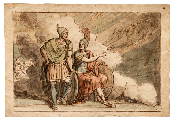 SCUOLA ITALIANA - Scuola romana di inizio secolo XIX - Due guerrieri entro paesaggio architettonico
