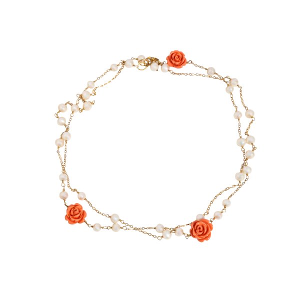 COLLANA - Girocollo in oro 18kt con perle e corallo