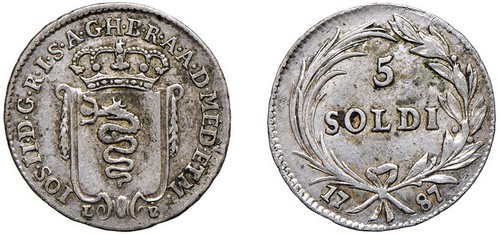 GIUSEPPE II D'ASBURGO-LORENA, monetazione di tipo lombardo (1780-1790) - 5 soldi 1780, Milano.