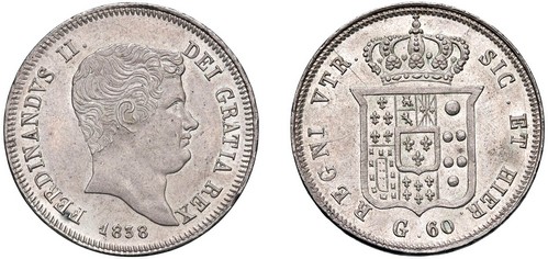 NAPOLI - FERDINANDO II (1830-1859) - 60 grana 1838, II tipo.