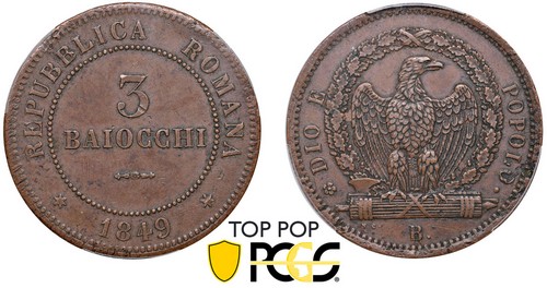 SECONDA REPUBBLICA ROMANA (1848-1849) - 3 baiocchi, 1849, Bologna.