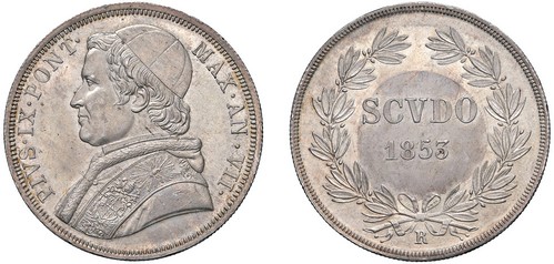 PIO IX, Giovanni Maria Mastai-Ferretti (1846-1870) - Scudo 1853, an. VII, II tipo.