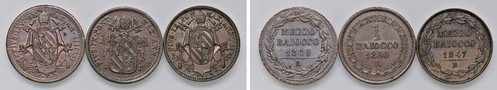 PIO IX, Giovanni Maria Mastai-Ferretti (1846-1870) - Lotto di 3 monete da ½ baiocco.