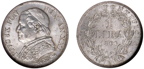 PIO IX, Giovanni Maria Mastai-Ferretti (1846-1870) - Lira 1866, an. XXI, III tipo, Roma.