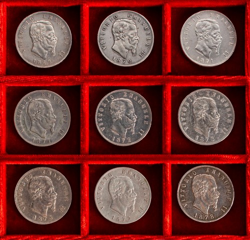 VITTORIO EMANUELE II, Re d'Italia (1861-1878) - Lotto di 9 monete da 5 lire, zecca di Milano e Roma.