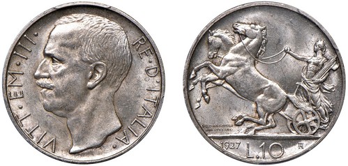 VITTORIO EMANUELE III (1900-1943) - 10 lire 1927, due rosette, Roma.