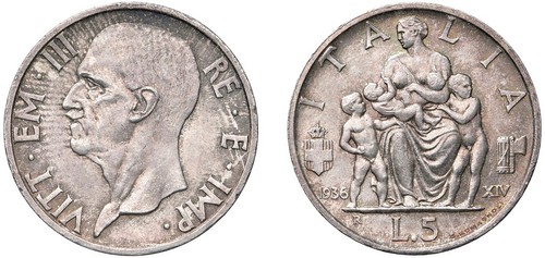 VITTORIO EMANUELE III (1900-1943) - 5 lire 1936, Roma.