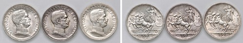 VITTORIO EMANUELE III (1900-1943) - Lotto di tre 2 lire 'quadriga briosa', Roma.