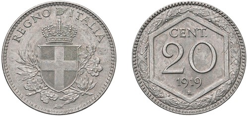 VITTORIO EMANUELE III (1900-1943) - 20 centesimi 1919, esagono, Roma.