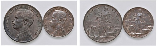 VITTORIO EMANUELE III (1900-1943) - Lotto 5 e 2 centesimi 1908, Roma.