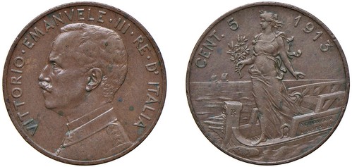 VITTORIO EMANUELE III (1900-1943) - 5 centesimi 1913, senza punto, Roma.