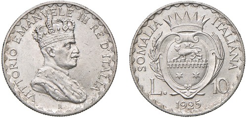 VITTORIO EMANUELE III, Somalia italiana (1909-1925) - 10 lire 1925, Roma.