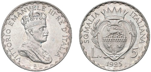 VITTORIO EMANUELE III, Somalia italiana (1909-1925) - 5 lire 1925, Roma.