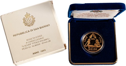 SAN MARINO - Nuova monetazione (1972-) - 5 scudi 1995, '50° Anniversario costituzione ONU'.