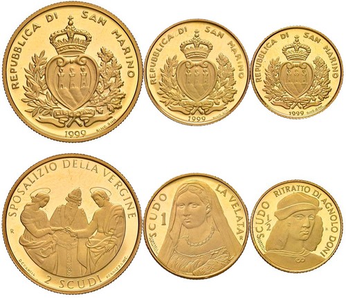 SAN MARINO - Nuova monetazione (1972-) - Trittico da ½, 1 e 2 scudi 1999, 'Sposalizio della Vergine'.