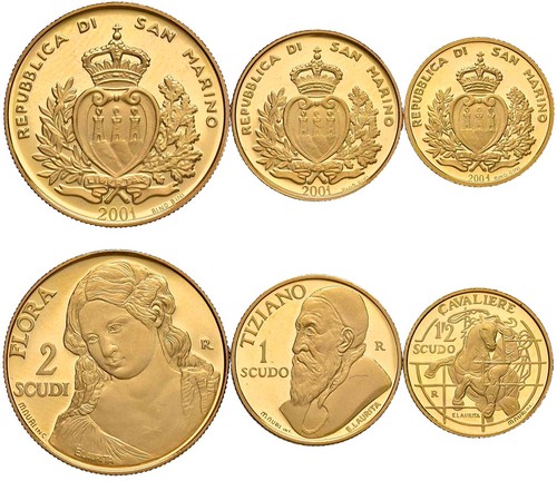 SAN MARINO - Nuova monetazione (1972-) - Trittico da ½, 1 e 2 scudi 2001, 'Dipinti del Tiziano'.