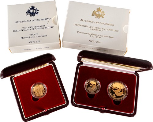 SAN MARINO - Nuova monetazione (1972-) - Lotto composto da 20, 50 euro e 2 scudi, 2008, in astucci originali.