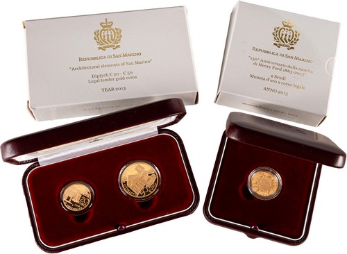 SAN MARINO - Nuova monetazione (1972-) - Lotto composto da 20, 50 euro e 2 scudi, 2013, in astucci originali.