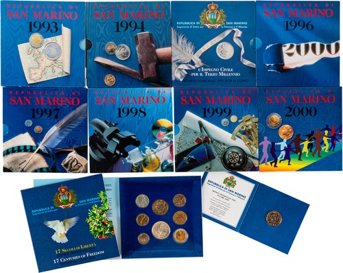 SAN MARINO - Nuova monetazione (1972-) - Lotto di 9 divisionali (1993-2001) più un 1000 lire celebrativo (1997).