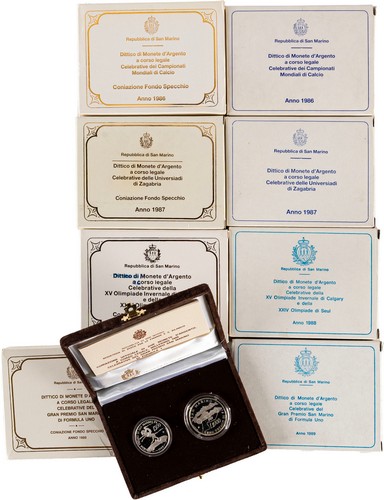 SAN MARINO - Nuova monetazione (1972-) - Lotto di 8 dittici celebrativi, nelle versioni standard e PROOF (1986-1989).