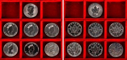 CANADA - ELISABETTA II (1952-2022) - Lotto di 7 esemplari da 5 dollari 'leaf', senza ripetizioni (1988, 1989, 1991, 1992, 1994, 1996, 2015).