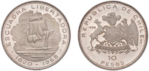 CILE - 10 pesos 1968, PROOF.